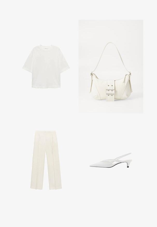 Bílé tričko s krátkým rukávem a kulatým výstřihem, volný střih, vyrobené z měkkého materiálu. Bez vzorů nebo akcentů, s klasickým lemem.; Kalhoty s širokými nohavicemi v světle krémové barvě. Vyrobené z hladké tkaniny s záhyby vpředu a bočními kapsami.; Bílé slingback podpatky se špičatou špičkou, s hladkým svrškem, jemnými výřezy a nízkým blokovým podpatkem. Černá podrážka zvýrazňuje design.; Bílá kabelka na rameno s texturovaným povrchem, centrálním akcentem v podobě spony a zakřiveným tvarem. Zipové uzávěry na obou stranách.