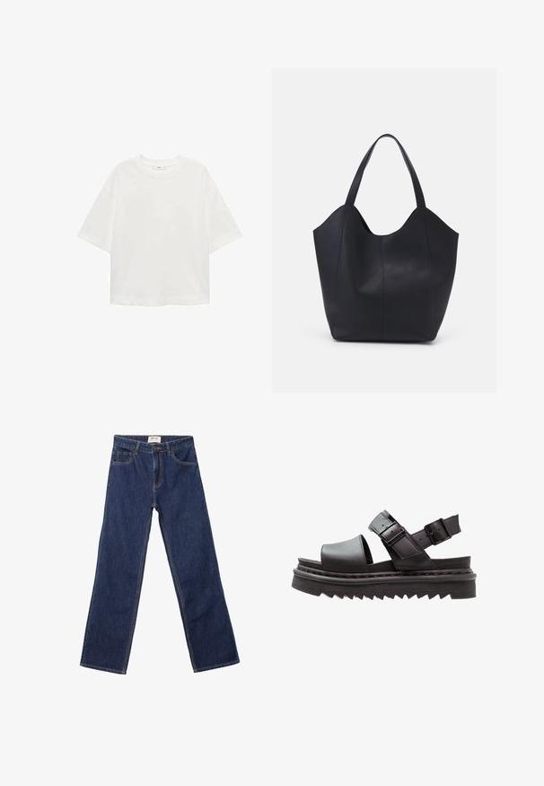 Bílé tričko s krátkým rukávem a kulatým výstřihem, volný střih, vyrobené z měkkého materiálu. Bez vzorů nebo akcentů, s klasickým lemem.; Tmavě modré džíny rovného střihu s předními kapsami, poutky na opasek a zapínáním na knoflík.; Černé kožené sandály mají široký popruh na prsty, dvě nastavitelné přezky a silnou, vroubkovanou platformu pro stabilitu.; Černá taška přes rameno vyrobená z hladké kůže, s zakřiveným, otevřeným vrchem a dvěma ramenními popruhy, s minimalistickým designem.