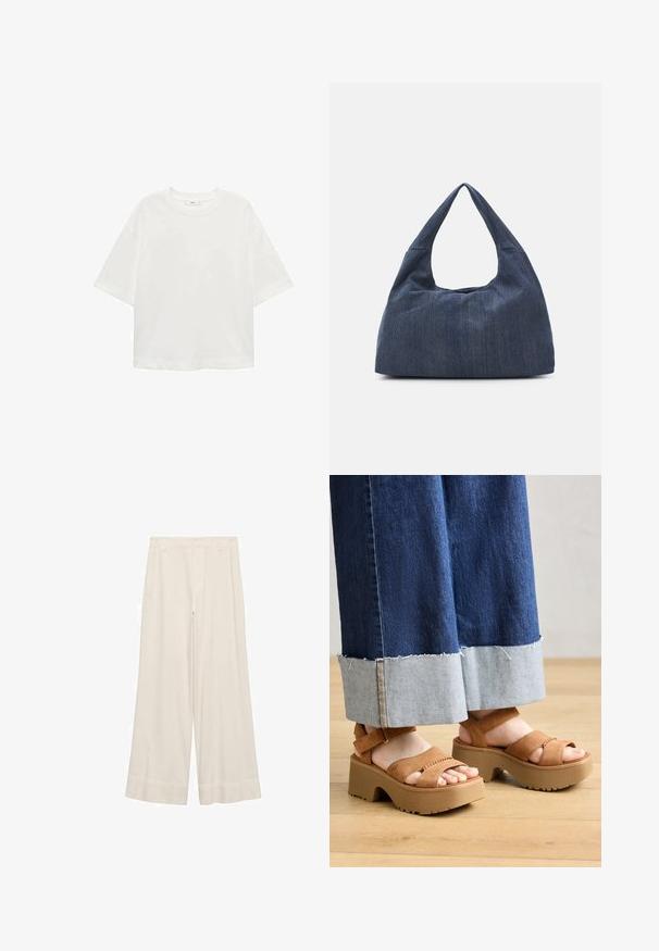 Biela krátkorpávová tričko s okrúhlym výstrihom, vo voľnom strihu, vyrobené z mäkkého materiálu. Bez vzorov a akcentov, so štandardným lemom.; Svetlé nohavice s širokými nohavicami z krémovej látky, s hladkou textúrou, prispôsobeným pásom a čistými švami. Hladký predný diel s dvojitými stehnami.; Hnedé semišové platformové sandále s dvojitými remienkami, s textúrovanou podrážkou a hrubým, tvarovaným podpätkom. Nosené s džínsovými nohavicami.; Tmavomodrá džínová taška so mäkkým, voľným tvarom, s rukoväťou v štýle hobo a textúrovaným povrchom. Žiadne viditeľné kovové akcenty.