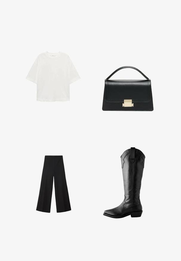 Bílé tričko s krátkým rukávem a kulatým výstřihem, volný střih, vyrobené z měkkého materiálu. Bez vzorů nebo akcentů, s klasickým lemem.; Černé široké kalhoty vyrobené z hladké tkaniny, s vysokým pasem a předními sklady pro extra objem. Bez viditelných zapínání nebo kapes.; Černé kožené vysoké boty ke kolenům s špičatými špičkami, dekorativním prošíváním, poutkem nahoře a vrstveným podpatkem. Hladký povrch.; Černá kožená kabelka se strukturovaným designem, horním uchopením a zlatým kovovým zapínáním na přední straně. Hladký povrch, minimální švy.