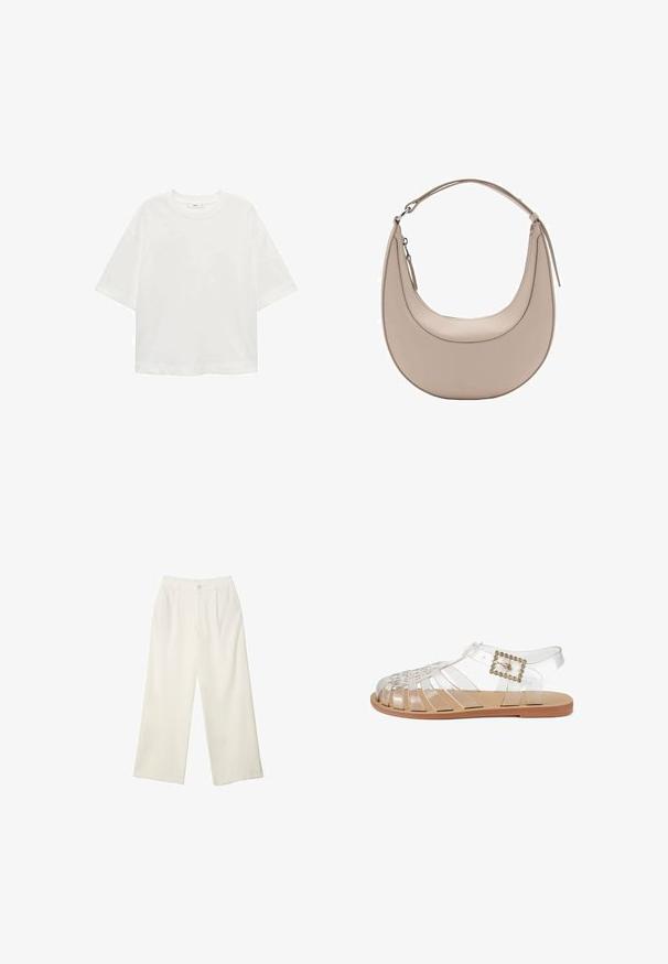 Bílé tričko s krátkým rukávem a kulatým výstřihem, volný střih, vyrobené z měkkého materiálu. Bez vzorů nebo akcentů, s klasickým lemem.; Široké kalhoty z krémové látky s hladkým povrchem, s jediným předním knoflíkem, jemnými skladbami a vysokým pasem.; Průhledná PVC sandála s otevřenou špičkou, pleteným designem a sponou se zlatým akcentem. Plná podrážka s lehkým hnědým povrchem.; Světle béžová kožená kabelka přes rameno s půlměsíčovým tvarem, hladkým povrchem a jedním zakřiveným uchopem. Obsahuje zipový uzávěr a upravené švy.