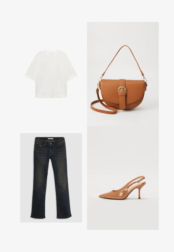 Tricou alb cu mânecă scurtă, guler rotund, croială lejeră, fabricat dintr-un material moale. Fără modele sau accente, având o linie de tiv standard.; Jeans din denim albastru închis, cu un design drept, cinci buzunare și detalii de decolorare subtile. Închidere cu nasture superior și bratari pentru curea.; Pantofii cu toc slingback, cu vârful ascuțit, dintr-un material tan neted și strălucitor. Prezintă un design cu decupaj curbat și un toc subțire stil stiletto. Detaliu cu cataramă argintie.; Geantă din piele maro, tip crossbody, cu o formă curbată, accesorii aurii și un accent cu cataramă. Dispune de un curea de umăr detașabilă.