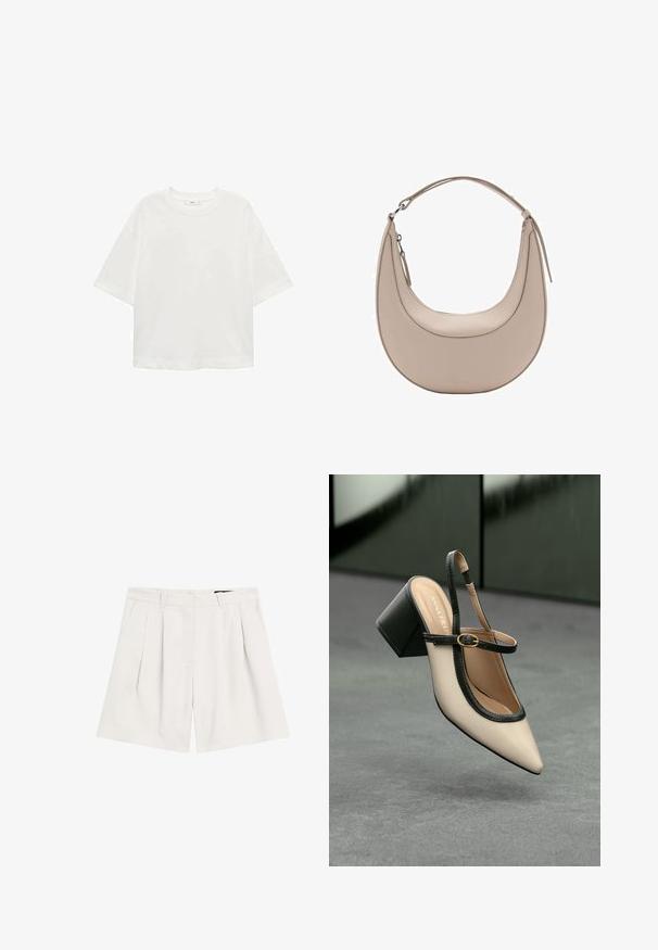 Witte korte mouwen t-shirt met een ronde hals, relaxed fit, gemaakt van zachte stof. Geen patronen of accenten, met een standaard zoom.; Lichtbeige geplooide shorts van textuurstof. Bevat een tailleband met riemlussen en een ritssluiting voor sluiting.; Beige puntige slingback schoen met zwarte rand, gouden gesp en een chunky blokhak op een grijze vloer met een donker groene achtergrond.; Beige leren schoudertas met een halve maanvorm, een soepele textuur en een enkele gebogen handgreep. Voorzien van een ritssluiting en nette stiksels.