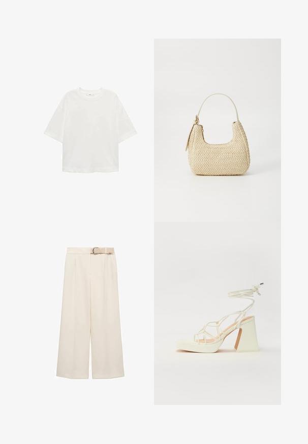 White short-sleeve t-shirt with a round neck, relaxed fit, made of soft fabric. No patterns or accents, featuring a standard hemline.; Wide-leg trousers in a light cream color, featuring a flat front, pleats, and a matching belt with a metal buckle.; White high-heeled sandal with a chunky heel, featuring a strappy design and ankle tie. Smooth texture with a platform front for added height.; Woven straw handbag in beige with a curved shape, a short handle, and a side zipper. Features textured surface and minimalistic design.