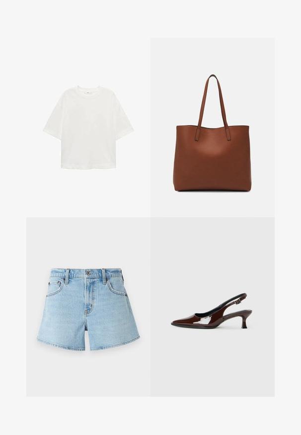 Bijela majica kratkih rukava s okruglim izrezom, ležernog kroja, izrađena od mekanog materijala. Bez uzoraka ili dodataka, s klasičnom rubnom završetkom.; Svijetloplavi traper šorts s klasičnim dizajnom pet džepova, šivenim detaljima i neuredno rezanim rubom. Sadrži metalnu dugmad i zip zatvarač.; Smeđe patentne kožne cipele s otvorenom petom, špicastim vrhom i umjerenom petom. Imaju remen s kopčom za sigurno pristajanje. Glatka tekstura.; Smeđa kožna torba preko ramena s glatkom teksturom, otvorenim vrhom i dvjema naramenicama. Ima minimalne šavove i nema vidljivog hardvera.