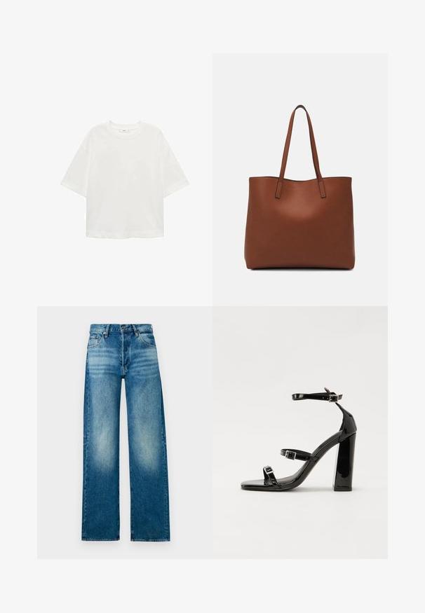 Bela kratka majica s kratkimi rokavi in okroglim izrezom, sproščenega kroja, narejena iz mehkega materiala. Brez vzorcev ali dodatkov, z običajnim robom.; Svjetloplave traper hlače s visokim strukom, širokim nogavicama i izblijedjelim završetkom. Imaju klasičan dizajn s pet džepova i metalnu kopču.; Črne lakaste sandale z visokimi petami, z dvema trakovoma z zaponkama, kvadratnim sprednjim delom in masivno širšo peto, z gladko, sijočo teksturo.; Rjava usnjena torba z gladko teksturo, odprto zasnovo zgoraj in dvema naramnima trakovoma. Opremljena je z minimalnim šivanjem in brez vidnih kovinskih delov.