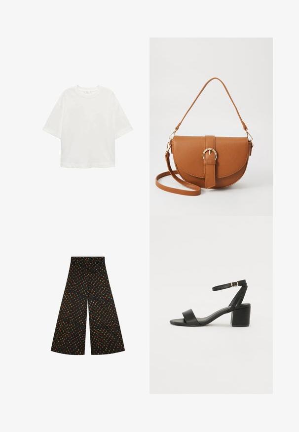 Weißes T-Shirt mit kurzen Ärmeln, Rundhals, lässiger Schnitt aus weichem Material. Keine Muster oder Akzente, mit einem Standard-Saum.; Schwarzfarbene weite Hosen aus Stoff mit einem durchgehenden geometrischen Muster in orange, grün und gelb. Glatte Textur, hohe Taille.; Schwarze High Heels Sandalen mit einem glatten Lederoberteil, offener Zehenpartie, breiten Vorderstraps und verstellbarem Knöchelriemen mit einem goldenen Schnallen-Detail.; Braune Leder-Crossbody-Tasche mit geschwungener Form, goldfarbenen Beschlägen und einer Schnallenakzentuierung. Verfügt über einen abnehmbaren Schultergurt.