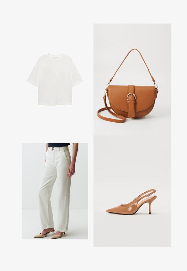 Witte korte mouwen t-shirt met een ronde hals, relaxed fit, gemaakt van zachte stof. Geen patronen of accenten, met een standaard zoom.; Witte broek met wijde pijpen van denim, voorzien van twee knopen, voorkruiden, contrasterende stiksels en een lichte textuur.; Puntige slingback hak in een glad, glanzend beige materiaal. Bevat een gebogen uitsnijdontwerp en een slanke stiletto hak. Zilveren gesp detail.; Bruine leren schoudertas met een gebogen vorm, gouden hardware en een gespaccent. Bevat een afneembare schouderriem.