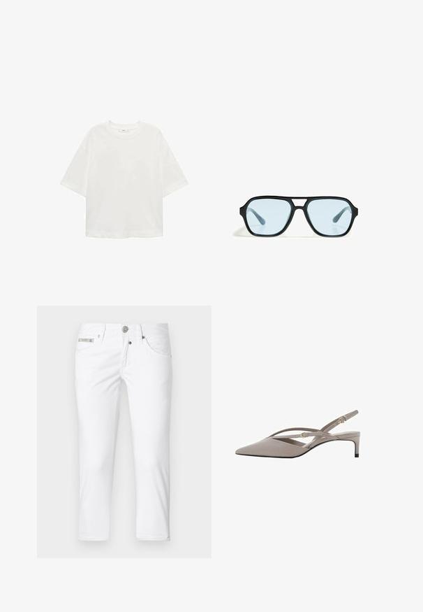 White short-sleeve t-shirt with a round neck, relaxed fit, made of soft fabric. No patterns or accents, featuring a standard hemline.; White denim pants with a slim fit, five pockets, and a button closure. Features a metallic logo accent on the waistband. Smooth texture.; Beige slingback heels with a pointed toe, thin crossed straps, and a short stiletto heel. Smooth fabric with gold-tone hardware accents.; Black sunglasses with rectangular frames, blue-tinted lenses, and a distinctive bridge design. Sleek finish, understated texture.