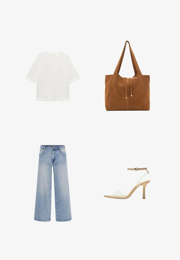 Witte korte mouwen t-shirt met een ronde hals, relaxed fit, gemaakt van zachte stof. Geen patronen of accenten, met een standaard zoom.; Lichtblauwe wijde jeans met een hoge taille, vijf zakken en contrasterende stiksels. Gemaakt van denim met een gladde textuur.; Heldere sandaal met een doorzichtige bovenkant, beige voetbed en een slanke enkelriem. Voorzien van een spitse neus en een dunne hoge hak.; Bruine suède schoudertas met twee lange hengsels, trekkoordsluiting en minimalistisch ontwerp. Gladde textuur en geen zichtbare hardware-accenten.