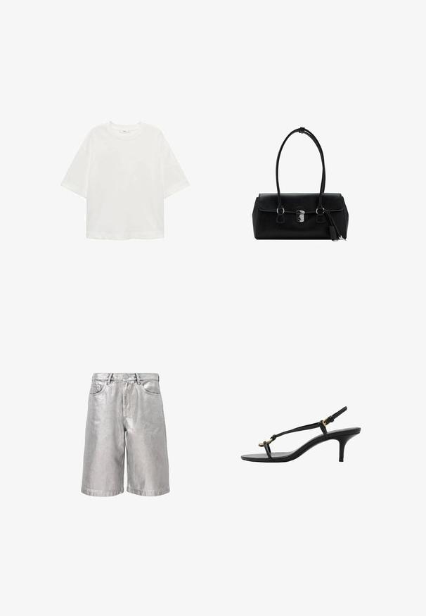 Witte korte mouwen t-shirt met een ronde hals, relaxed fit, gemaakt van zachte stof. Geen patronen of accenten, met een standaard zoom.; Metalen zilveren denim shorts met een losse pasvorm, voorzien van vijf zakken, riemlussen en een omgeslagen zoom. Soepele textuur met een reflecterende afwerking.; Zwarte leren kitten heel sandaal met dunne banden, gouden gesp en minimalistische teenlus op een witte achtergrond.; Zwarte leren handtas met een gladde textuur, gestructureerd ontwerp, dubbele hengsels en een zilveren sluiting in het midden.