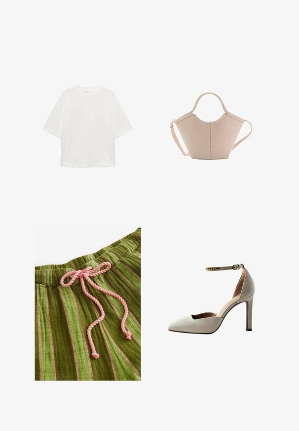 Tricou alb cu mânecă scurtă, guler rotund, croială lejeră, fabricat dintr-un material moale. Fără modele sau accente, având o linie de tiv standard.; Material verde cu dungi, cu o textură moale și un șnur roz. Prezintă dungi verticale de nuanțe variate și o talie strânsă.; Pantofii cu toc înalt gri deschis, cu vârf ascuțit, design cu vamp deschis, curea pentru gleznă și accent cu lanț de aur. Textură de piele netedă.; Geantă de mână bej din piele cu o formă unică, dotată cu două mânere scurte și o curea lungă ajustabilă. Textură netedă, cu hardware minim.