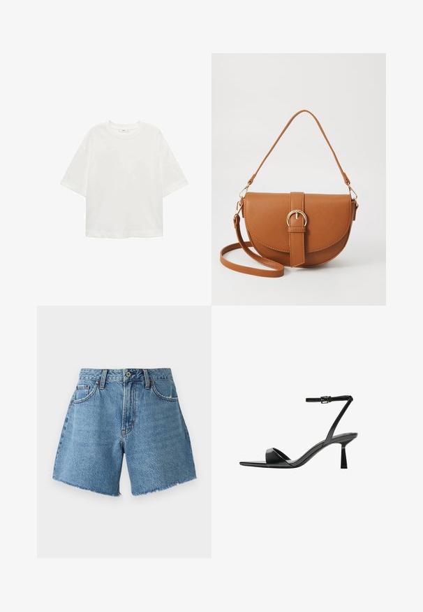Biela krátkorpávová tričko s okrúhlym výstrihom, vo voľnom strihu, vyrobené z mäkkého materiálu. Bez vzorov a akcentov, so štandardným lemom.; Abercrombie & Fitch CURVE LOVE SHORT - Denimové šortky - light blue denim; Bershka Sandále na vysokom opätku - black; Hnedá kožená kabelka cez telo s zakriveným tvarom, zlatými kovovými doplnkami a akcentom s prackou. Obsahuje odnímateľný ramenný popruh.