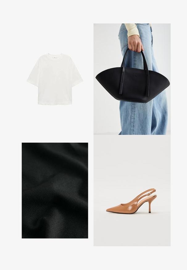 Weißes T-Shirt mit kurzen Ärmeln, Rundhals, lässiger Schnitt aus weichem Material. Keine Muster oder Akzente, mit einem Standard-Saum.; Schwarzer Baumwollstoff mit einer glatten Textur, der leichte Wellen und subtile Strickmuster zeigt. Das Material bietet einen weichen, flexiblen Fall.; Spitz zulaufender Slingback-Absatz aus einem glatten, glänzenden, tanfarbenen Material. Mit einem geschwungenen Ausschnitt-Design und einem schlanken Stiletto-Absatz. Silberne Schnallendetails.; Schwarze Lederhandtasche mit einzigartiger Fächerform, ausgestattet mit flachen Griffen. Die Oberfläche hat eine genoppte Textur und ein minimalistisches Design.