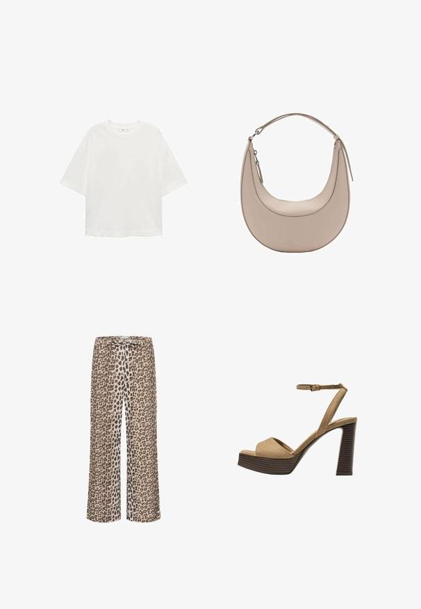 T-shirt blanc à manches courtes avec un col rond, coupe décontractée, fabriqué en tissu doux. Sans motifs ni accents, avec un ourlet standard.; Pantalons à imprimé léopard en tissu léger, à jambes larges, avec une taille à cordon. Les couleurs dominantes sont le beige, le brun et le noir.; Sandales à talons hauts en suede beige avec une large bride avant et une bride à la cheville, dotées d'un chunky talon en bois avec une finition texturée.; Sac à épaule en cuir beige de forme croissante, texture lisse, avec une seule poignée courbée. Il possède une fermeture zippée et des coutures soignées.