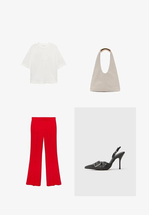 T-shirt blanc à manches courtes avec un col rond, coupe décontractée, fabriqué en tissu doux. Sans motifs ni accents, avec un ourlet standard.; Pantalon flare rouge en tissu lisse avec une taille haute et deux poches sur le devant. Le design présente des lignes épurées et une coupe ajustée.; Escarpin noir à bout pointu avec double boucle en argent et une bride de cheville, présenté sur un fond blanc uni.; Sac en cuir gris clair avec un design en forme de U et une poignée métallique courbée. Texture lisse avec un minimum de coutures et sans motifs visibles.