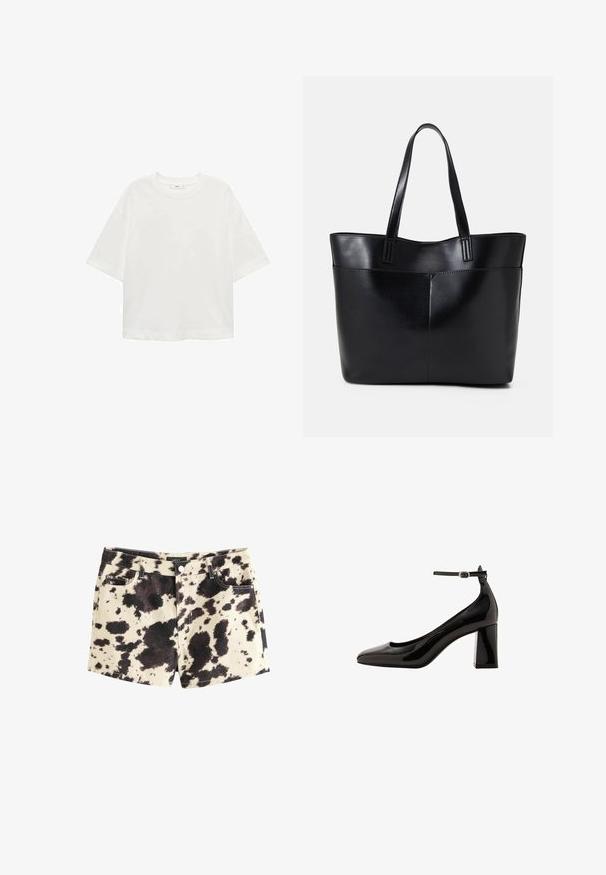 Biela krátkorpávová tričko s okrúhlym výstrihom, vo voľnom strihu, vyrobené z mäkkého materiálu. Bez vzorov a akcentov, so štandardným lemom.; Džínové šortky s béžovým základom a čiernobielym kravičkovým vzorom. Obsahujú päť vreciek, kovové zapínanie a kontrastné stehy.; Čierne lakované lodičky na členku s lesklým povrchom, špicatou špičkou a širokým blokovým podpätkom. Hladká textura, minimálne detaily.; Čierna kožená tote taška s dvoma dlhými rúčkami, hladkým povrchom a štruktúrovaným tvarom. Obsahuje prednú kapsu pre dodatočné uskladnenie.