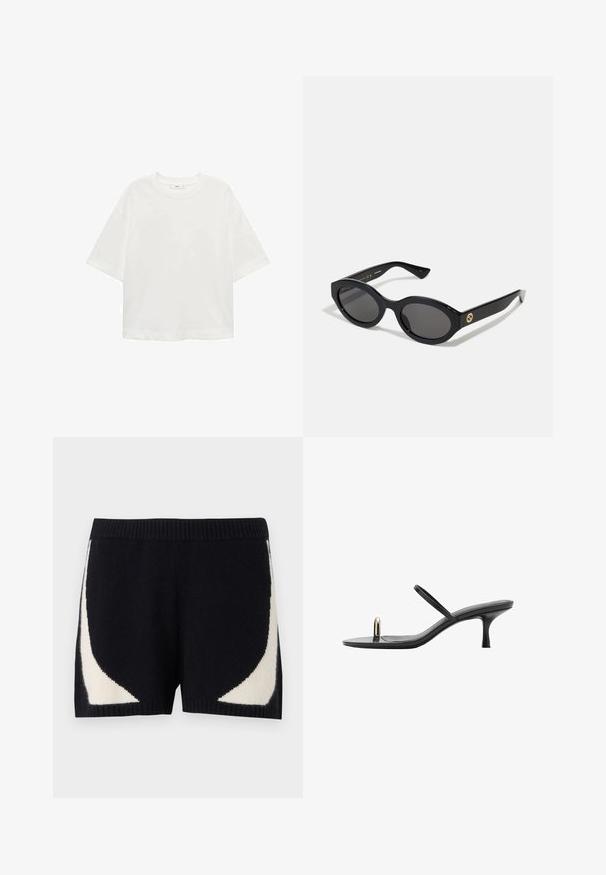 Bijela majica kratkih rukava s okruglim izrezom, ležernog kroja, izrađena od mekanog materijala. Bez uzoraka ili dodataka, s klasičnom rubnom završetkom.; Knit kratke hlače u crnoj boji s kontrastnim kremastim geometrijskim uzorcima sa strane. Imaju rebrasti pojas i mekani tekstur.; Crne sandale s petom elegantnog dizajna, s tankim trakama i jedinstvenim prednjim naglaskom. Glatka tekstura, s uskim vrhom i petom visokom 3 inča.; Crne ovalne sunčane naočale s tamnim staklima i sjajnim plastičnim okvirom. Sadrže zlatni logotip na sljepoočnici, što pruža elegantan i moderni dizajn.; Crna tkaná torba s dvostrukim ručkama i odvojivim remenom za rame. Ima otvoreni vrh i teksturirani, lagani materijal.