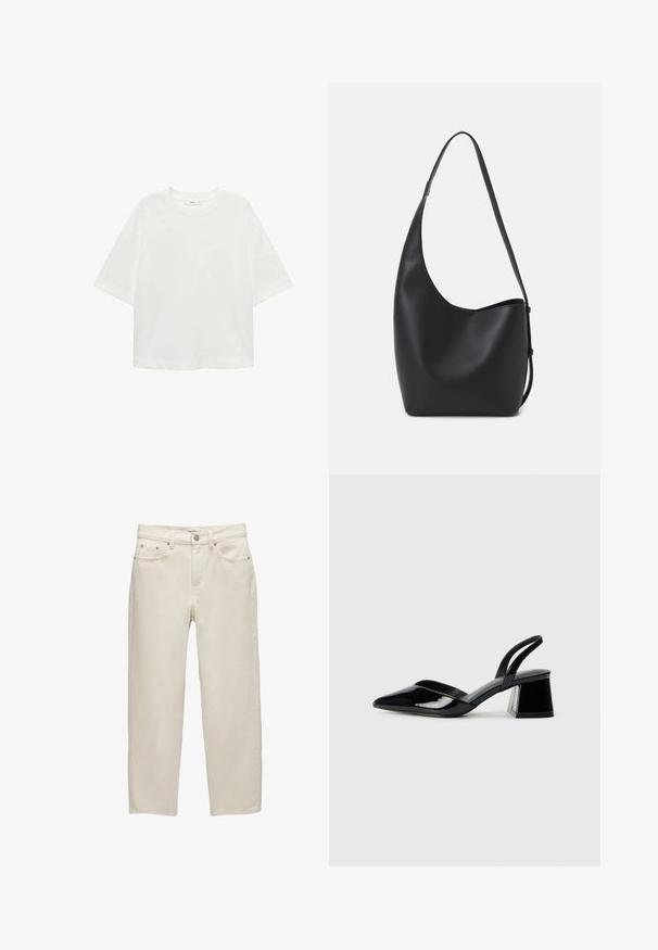Biela krátkorpávová tričko s okrúhlym výstrihom, vo voľnom strihu, vyrobené z mäkkého materiálu. Bez vzorov a akcentov, so štandardným lemom.; Biele riffelované džínsy s voľným strihom, rovný strih nohavíc, dizajn s piatimi vreckami a kovovými doplnkami s jemnou textúrou.; Čierne lakované kožené sandálové podpätky s špicatou špičkou a geometrickým blokovým podpätkom. Disponujú elegantným, minimalistickým dizajnom a hladkým povrchom.; Čierna kožená hobo taška so hladkou textúrou, zakriveným tvarom a jedným nastaviteľným popruhom; má široké otvorenie na vrchu.