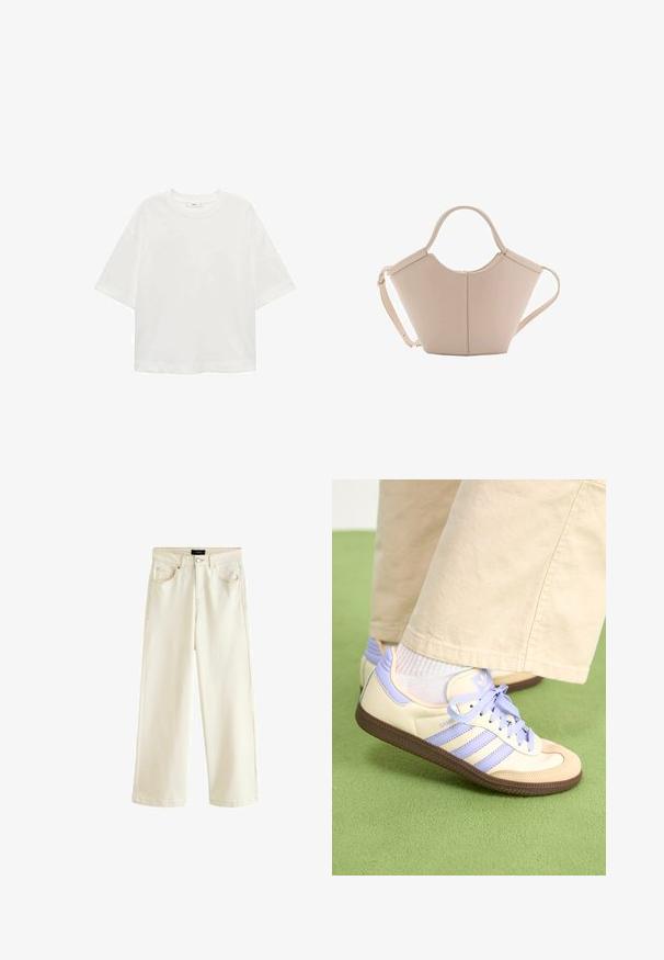 Bílé tričko s krátkým rukávem a kulatým výstřihem, volný střih, vyrobené z měkkého materiálu. Bez vzorů nebo akcentů, s klasickým lemem.; Kalhoty s širokými nohavicemi v světle béžovém denimu, vybavené zapínáním na knoflík, pěti kapsami a hladkou texturou. Jednoduchý a moderní design.; Krémové a levandulové tenisky se třemi pruhy a texturovanou hnědou podrážkou, vybavené tkaničkami a polstrovanou patou. Měkký textilní svršek.; Beige kožená kabelka s jedinečným tvarem, vybavená dvěma krátkými uchy a dlouhým nastavitelným popruhem. Hladká textura s minimem kovových doplňků.