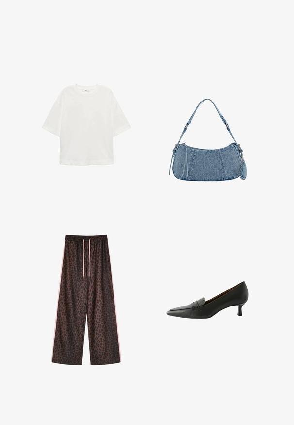 Witte korte mouwen t-shirt met een ronde hals, relaxed fit, gemaakt van zachte stof. Geen patronen of accenten, met een standaard zoom.; Luipaardprint wijde broek in bruin en zwart, met een elastische tailleband met roze trekkoorden en zijkanten met roze strepen. Glad stofmateriaal.; Zwarte leren hoge hak schoen met een spitse neus en een decoratieve band. Heeft een lage stiletto hak en een gladde textuur.; Denim handtas met een gebogen vorm, lichtblauwe kleur, verstelbare schouderriem en een kleine afneembare pouch met metallic accenten.
