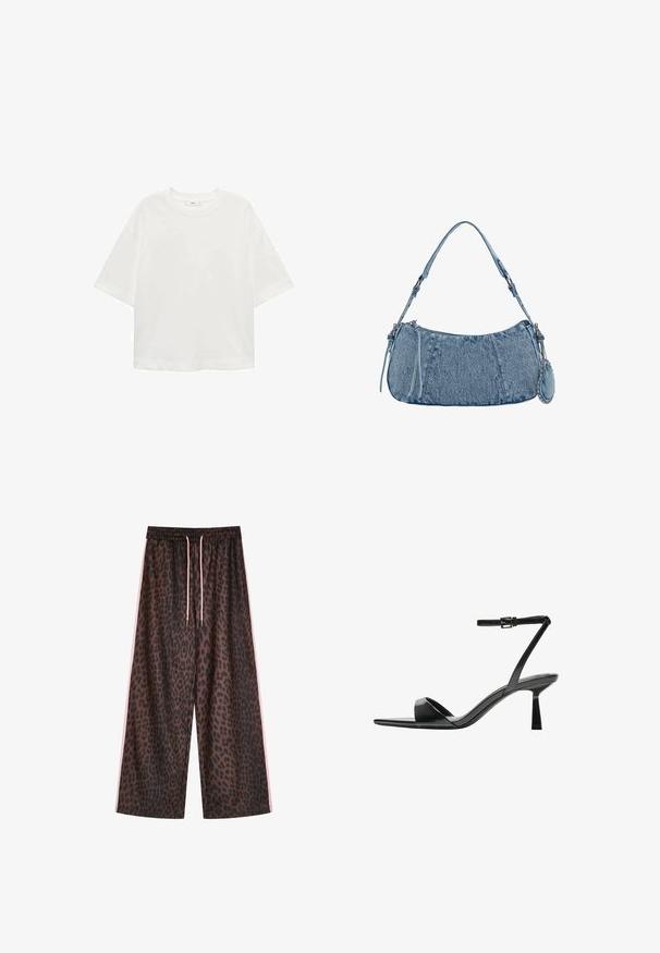 Biela krátkorpávová tričko s okrúhlym výstrihom, vo voľnom strihu, vyrobené z mäkkého materiálu. Bez vzorov a akcentov, so štandardným lemom.; Nohavice s širokým strihom v leopardom vzore hnedých a čiernych odtieňoch, s elastickým pásom a ružovými šnúrkami na stiahnutie, zdobené bočnými ružovými pruhmi. Hladká textúra látky.; Bershka Sandále na vysokom opätku - black; Džínová kabelka s zakriveným tvarom, svetlomodrej farby, so nastaviteľným popruhom na rameno a malým odnímateľným vreckom s kovovými detailmi.