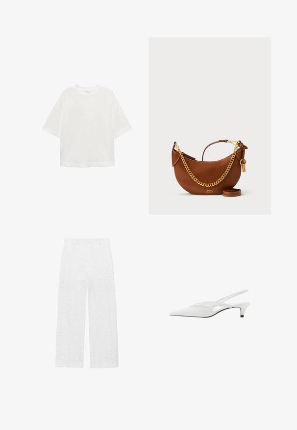 Bela kratka majica s kratkimi rokavi in okroglim izrezom, sproščenega kroja, narejena iz mehkega materiala. Brez vzorcev ali dodatkov, z običajnim robom.; Bele široke hlače iz teksturirane tkanine z očesnimi vzorci, ki vključujejo kvadratne in okrogle izreze po celotni površini.; Bela slingback peta z ošiljenim nosom, z gladkim zgornjim delom, subtilnimi izrezi in nizkim blok petkom. Črna podplat poudarja dizajn.; Rjava usnjena torbica s ukrivljenim dizajnom, zlatim verižnim trakom, notranjim žepom in snemljivim ramenskim trakom. Ima kontrastno šivanje.