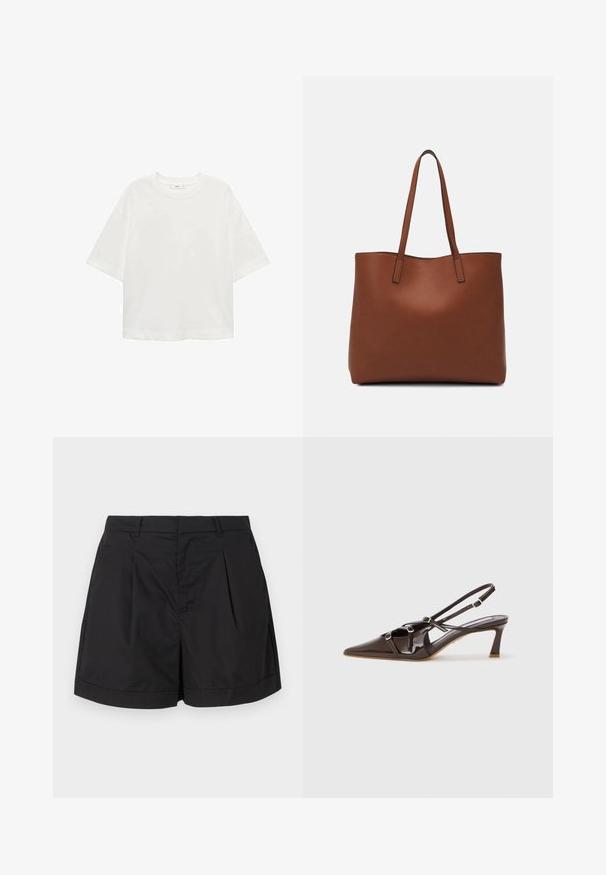 Tricou alb cu mânecă scurtă, guler rotund, croială lejeră, fabricat dintr-un material moale. Fără modele sau accente, având o linie de tiv standard.; Şorturi negre fabricate dintr-un material ușor și neted. Prezintă pliseuri în față, o siluetă ajustată și o manșetă rulată la tiv.; Sandale cu toc slingback din piele lăcuită maro, cu vârf ascuțit, bretele reglabile și catarame decorative în față. Înălțimea tocului de 3 inci.; Geantă de umăr din piele maro cu o textură netedă, design cu vârf deschis și două curele pentru umăr. Prezintă cusături minime și fără componente metalice vizibile.