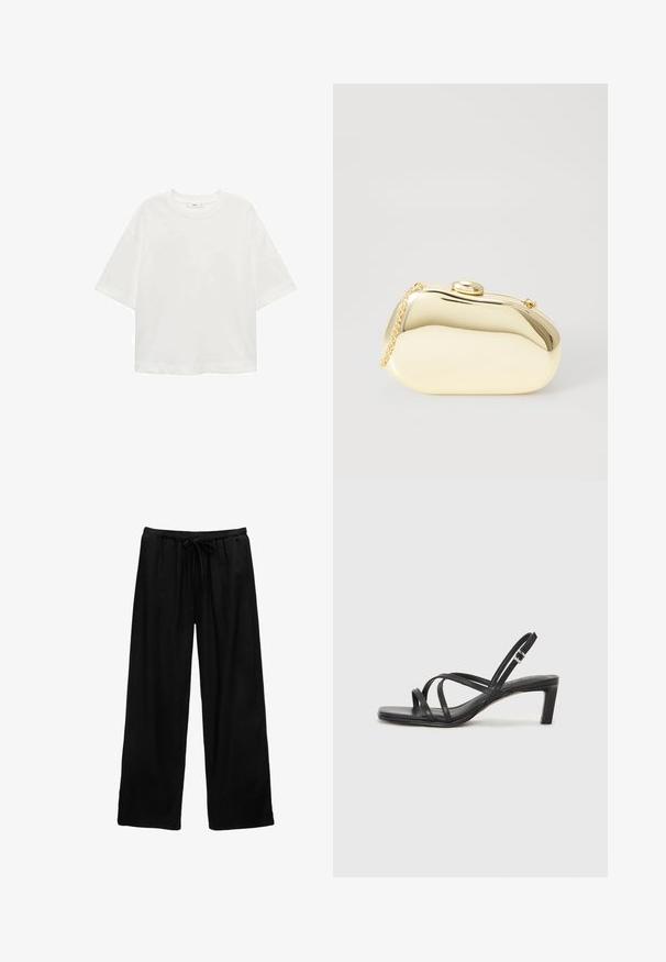 Weißes T-Shirt mit kurzen Ärmeln, Rundhals, lässiger Schnitt aus weichem Material. Keine Muster oder Akzente, mit einem Standard-Saum.; Schwarze weite Hosen aus leichtem Material mit einem elastischen Bund und Kordelzug. Einfaches Design, keine Muster oder Hardware.; Schwarze Sandale mit Riemchen, quadratischer Zehenform und niedrigem Blockabsatz. Verfügt über mehrere dünne Riemen und einen verstellbaren Knöchelriemen. Hergestellt aus glattem Leder.; Metallisch goldene Clutch mit einer glatten, abgerundeten Form, ausgestattet mit einem oberen Druckknopfverschluss und einem kleinen Kettenriemen zum Tragen.