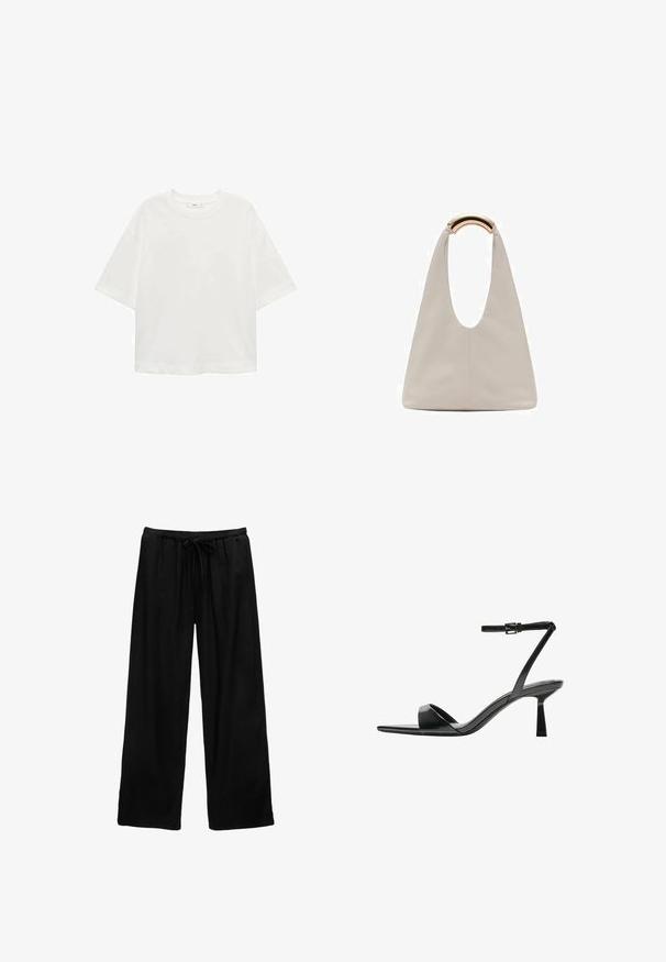 Tricou alb cu mânecă scurtă, guler rotund, croială lejeră, fabricat dintr-un material moale. Fără modele sau accente, având o linie de tiv standard.; Pantaloni negri cu picioare largi, confecționați dintr-un material ușor, cu un talie elastică și detalii cu snur. Design simplu, fără modele sau accesorii.; Bershka Sandale cu toc - black; Geantă din piele gri deschis cu un design în formă de U și un mâner metalic curbat. Textură netedă cu cusături minime și fără modele vizibile.