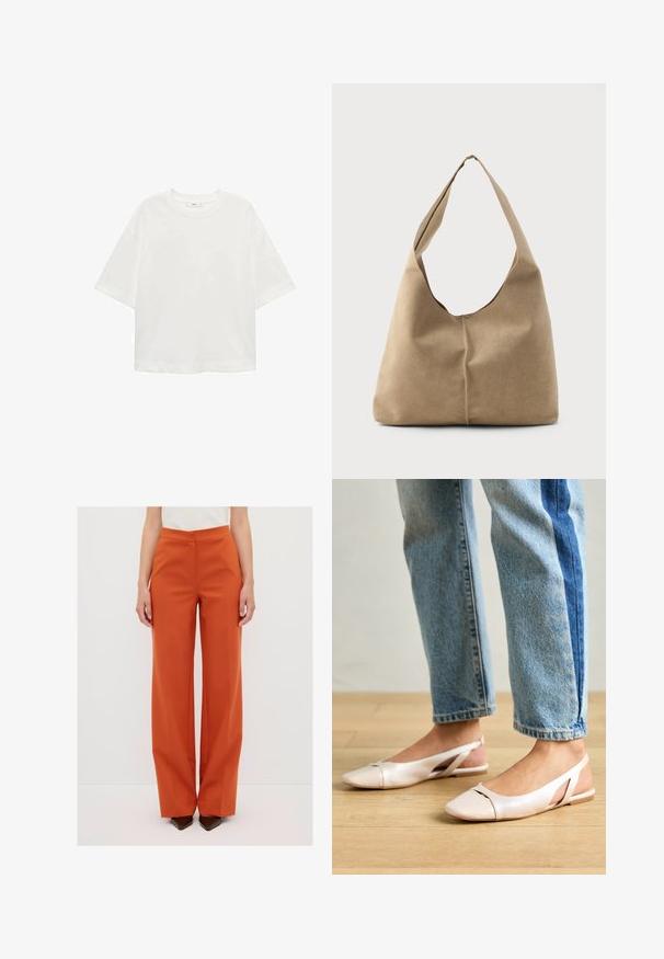 T-shirt bianco a maniche corte con scollo rotondo, vestibilità comoda, realizzato in un tessuto morbido. Senza fantasie o dettagli, con orlo standard.; Pantaloni a gamba larga di un vivace colore arancione, con una superficie liscia, design a vita alta e piega frontale, abbinati a tacchi a punta.; Ballerine slingback rosa pallido con punta affusolata, realizzate in un materiale simile alla pelle liscio. Presentano dettagli a taglio sui lati e un tacco piatto.; Borsa hobo in morbido suede beige con una forma scomposta, ampia tracolla e un dettaglio di cucitura a mano lungo la parte anteriore.