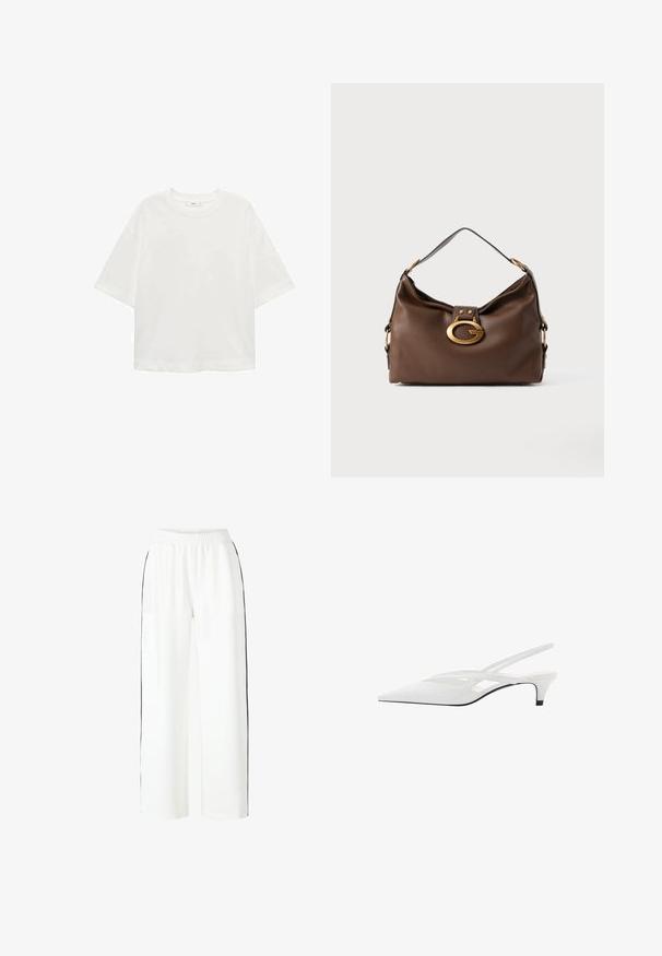 Bijela majica kratkih rukava s okruglim izrezom, ležernog kroja, izrađena od mekanog materijala. Bez uzoraka ili dodataka, s klasičnom rubnom završetkom.; Bijele široke hlače s elastičnom waistband trakom i crnim bočnim prugama. Glatka tekstura tkanine s opuštenim krojem kroz cijele noge.; Bijela slingback potpetica s oštrom punta, koja ima glatki gornji dio, suptilne izreze i nisku blok potpeticu. Crna potplata naglašava dizajn.; Smeđa kožna torba s teksturiranom površinom, koja ima zlatni kopču i jedan zakrivljeni remen za rame.