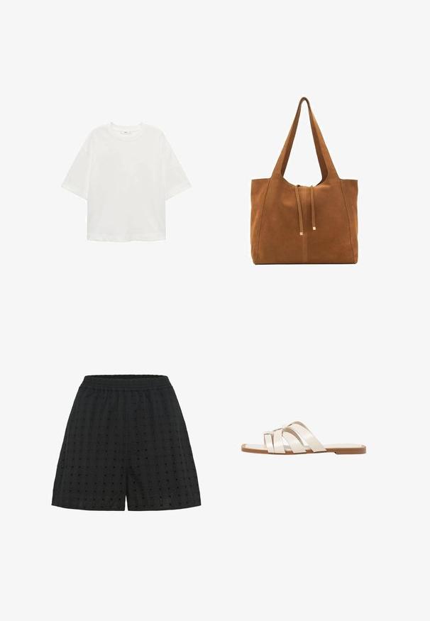 Bela kratka majica s kratkimi rokavi in okroglim izrezom, sproščenega kroja, narejena iz mehkega materiala. Brez vzorcev ali dodatkov, z običajnim robom.; Črne kratke hlače iz teksturirane tkanine z mrežastim vzorcem in majhnimi izrezi. Elastičen pas za udobje in fleksibilnost.; Ravne sandale s svetlo rjavim gumijastim podplatom, zasnovane s tremi prekrivajočimi se belimi usnjenimi trakovi in majhnim lokom na sredini.; Rjava semiš torba z dvema dolgima ročajema, z vrvico za zapiranje in minimalističnim dizajnom. Gladka tekstura in brez vidnih kovinskih dodatkov.
