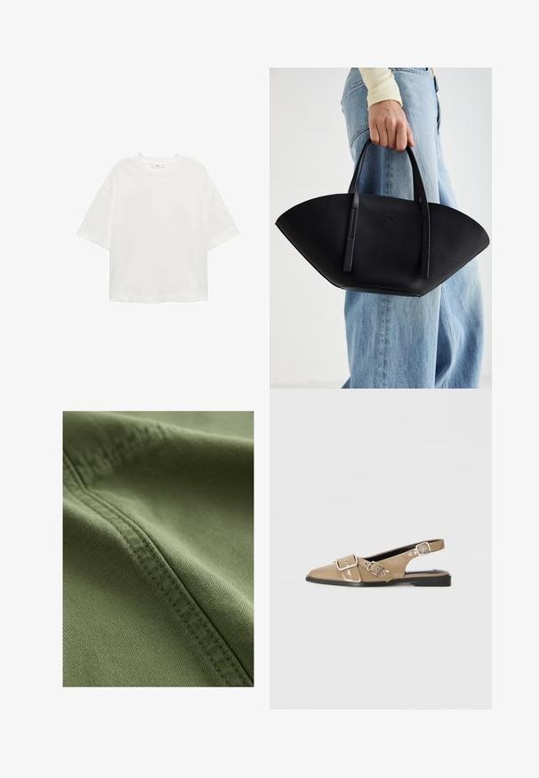 Weißes T-Shirt mit kurzen Ärmeln, Rundhals, lässiger Schnitt aus weichem Material. Keine Muster oder Akzente, mit einem Standard-Saum.; Next Jeans Shorts - khaki green; Beige patentierte Slingback-Schuhe mit spitzem Zehenbereich, zwei verstellbaren Schnallen und einem niedrigen schwarzen Absatz. Glatte Textur mit glänzender Oberfläche.; Schwarze Lederhandtasche mit einzigartiger Fächerform, ausgestattet mit flachen Griffen. Die Oberfläche hat eine genoppte Textur und ein minimalistisches Design.