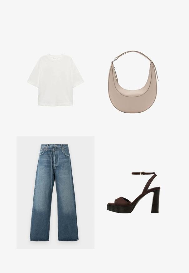 Bela kratka majica s kratkimi rokavi in okroglim izrezom, sproščenega kroja, narejena iz mehkega materiala. Brez vzorcev ali dodatkov, z običajnim robom.; Široke modre kavbojke v odtenku s staranjem, narejene iz denima z vidnimi šivi in gumbom za zapiranje na pasu.; Rjave semiš sandale z visoko peto, odprto spredaj, z nastavljivim gležnjenjem in črtastim podplatom.; Bež usnjena torba za rame v obliki kružnice, z gladko teksturo in eno ukrivljeno zanko. Ima zadrgo in urejen šiv.