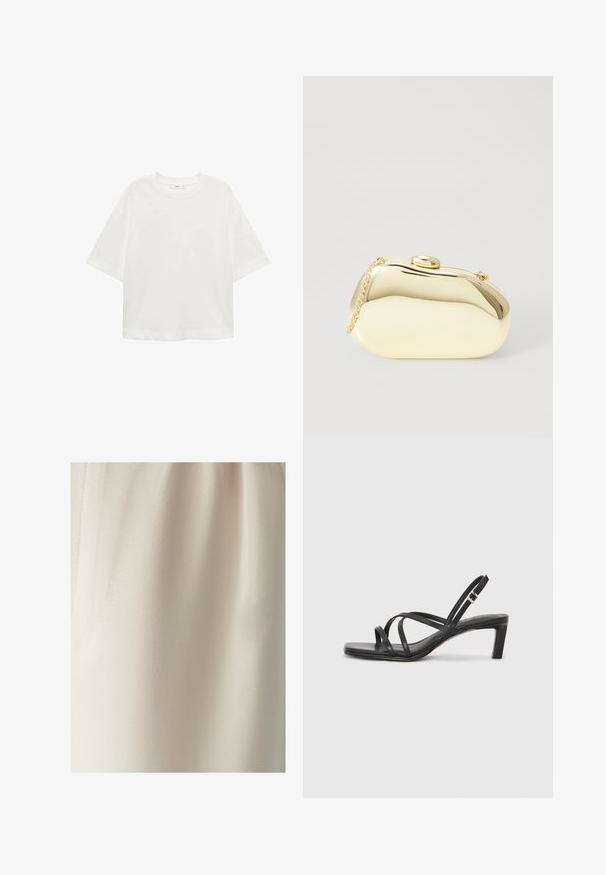 Bela kratka majica s kratkimi rokavi in okroglim izrezom, sproščenega kroja, narejena iz mehkega materiala. Brez vzorcev ali dodatkov, z običajnim robom.; WILLA CROWN PANTS - Hlače - ecru; Črne natikače s trakovi in kvadratnim prstom ter nizkim blokastim peto. Imajo več tankih trakov in nastavljiv trak okoli gležnja. Narejene so iz gladkega usnja.; Metalna zlata torbica z gladko, zaobljeno obliko, opremljena z zgornjim gumbom in majhnim verižnim ročajem za nošenje.