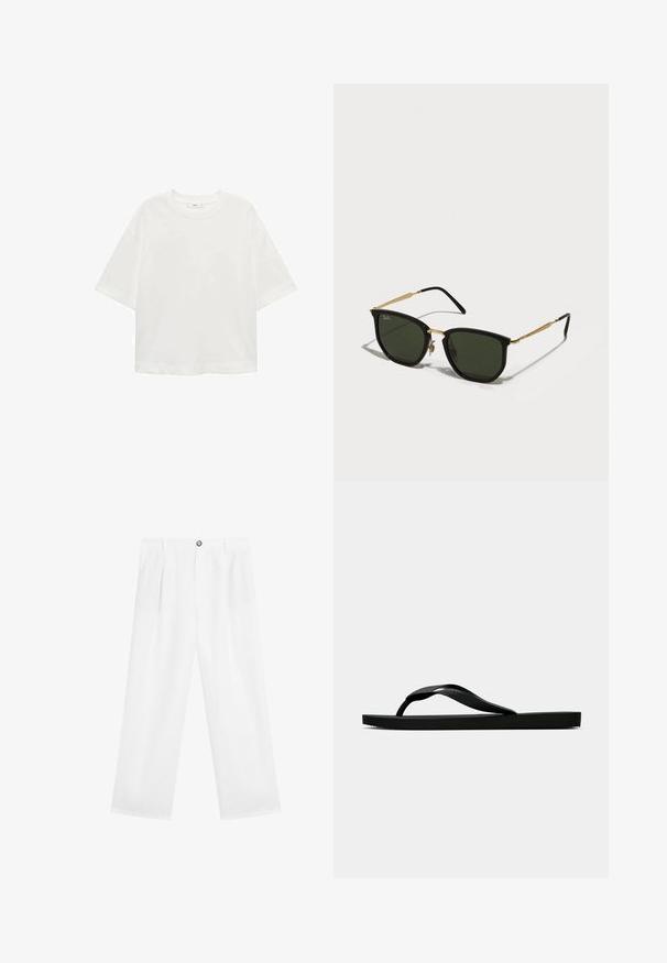 Weißes T-Shirt mit kurzen Ärmeln, Rundhals, lässiger Schnitt aus weichem Material. Keine Muster oder Akzente, mit einem Standard-Saum.; Weiße, weite Hosen mit flachem Bund, ausgestattet mit einem Knopfverschluss und zwei Seitentaschen. Hergestellt aus leichtem Stoff.; Schwarze Gummi-Flip-Flop-Sandale mit einem strukturierten Riemen und einfacher flacher Sohle, von der Seite auf einem schlichten hellen Hintergrund dargestellt.; Schwarze Cat-Eye-Sonnenbrille mit grünen Gläsern, goldenen Metallelementen und schlanken schwarzen Bügeln. Texturierter Rahmen mit einem auffälligen, geometrischen Design.; Braune Wildleder-Schultertasche mit offenem Oberteil. Sie verfügt über einen tiefen, breiten Körper, einen ausgeschnittenen Griff und minimale Nähte für ein sauberes Design.