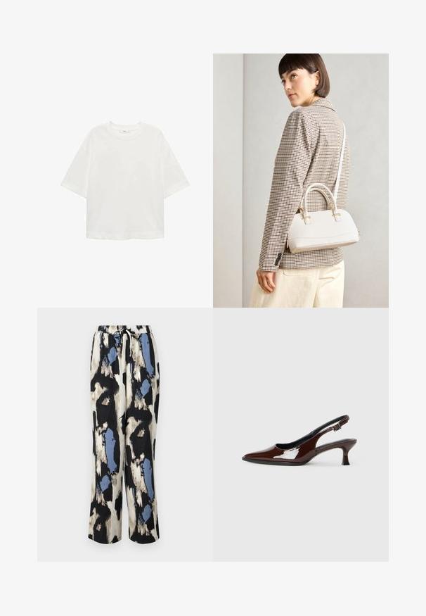 Bela kratka majica s kratkimi rokavi in okroglim izrezom, sproščenega kroja, narejena iz mehkega materiala. Brez vzorcev ali dodatkov, z običajnim robom.; Sproščene hlače s potiskom v mešanici kremne, črne in modre barve z teksturiranim, abstraktnim vzorcem. Imajo elastičen pas z vrvico.; Rjavi lakirani slingback čevelj z ostro konico in zmerno peto. Ima zaponko za varno prileganje. Gladka tekstura.; Bela strukturirana torba z kratkimi ročaji in naramnim trakom, z zlatimi okrasnimi elementi in teksturiranim materialom, prikazana na sivi podlagi.