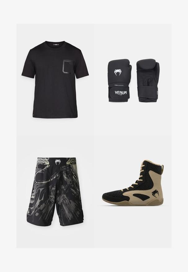 Schwarzes T-Shirt mit kurzen Ärmeln aus Baumwolle und einer subtilen Textur. Verfügt über eine vordere Tasche mit rechteckigem Design und Logodetail.; Schwarze Shorts mit einem mehrfarbigen grafischen Druck, der mechanische Designs zeigt. Elastischer Bund mit einem Logo auf der Rückseite. Leichtes Material.; Hochschuh mit schwarzem Mesh-Obermaterial und beigen Akzenten. Strukturiertem Gummisohle und Logodetail an der Seite.; Schwarze Boxhandschuhe mit glatter Oberfläche, ausgestattet mit einem weißen Venom-Logo und einem verstellbaren Klettverschluss für einen sicheren Sitz.