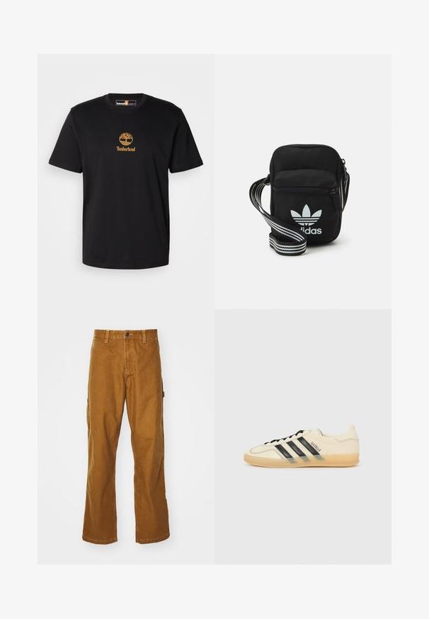 Tricou din bumbac negru, cu un logo auriu sub formă de copac și textul "Timberland". Guler rotund și mâneci scurte, cu o textură netedă.; Pantaloni cargo din bumbac maro, cu un design drept, închidere frontală cu nasture și buzunare laterale. Textură netedă și material durabil.; Tenis cu crem deschis, cu design cu trei dungi negre, parte superioară texturată, vârf rotund și talpă din cauciuc. Include șireturi și branding pe lateral.; Geantă de umăr din material textil negru, cu închidere cu fermoar, având un logo Adidas alb și o curea ajustabilă cu dungi pentru o transportare ușoară.