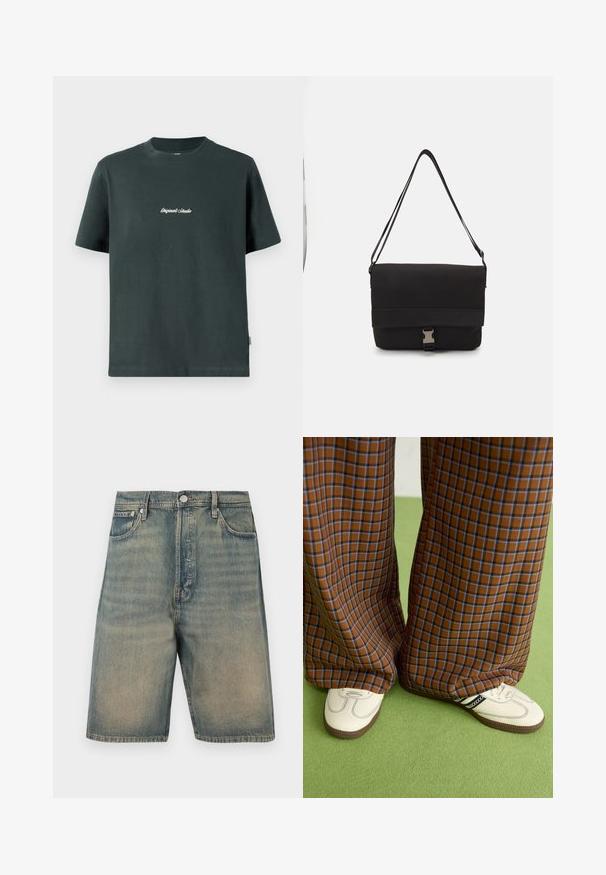 Sötétzöld pamut póló, kerek nyakkivágással, rövid ujjal, és fehér hímzett szöveggel: "Eredeti Stúdió" a mellkason. Sim létexture.; Farmert rövidnadrág, megfakult kék színben, magas derekú dizájn, öt zsebes stílus, fém kiegészítőkkel és látható varrási részletekkel.; Barna és kék kockás, bőrt lábú nadrág, fehér cipővel, fekete részletekkel és texturált talppal, zöld háttér előtt.; Fekete üzenetküldő táska sima anyagból, hajtókás fedéllel, ezüst csattal és állítható vállpánttal.