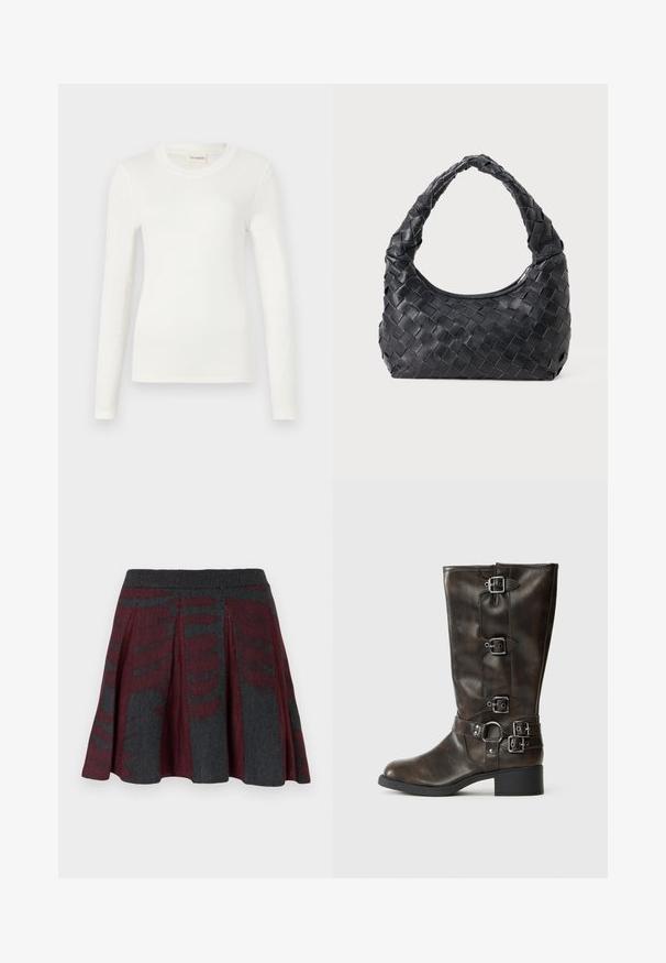 Camiseta blanca de manga larga hecha de tela suave, con un cuello redondo y una silueta ajustada. Diseño minimalista sin patrones ni acentos.; Falda mini de punto con pliegues, patrón abstracto en burdeos y gris oscuro, y cintura de canalé.; Botas altas de cuero marrón hasta la rodilla con múltiples hebillas, puntera redonda y tacón bajo y grueso. Presentan un acabado texturizado y correas ajustables.; Bolso de hombro de cuero negro trenzado con un asa redondeada y un cuerpo en forma de media luna sobre un fondo liso.