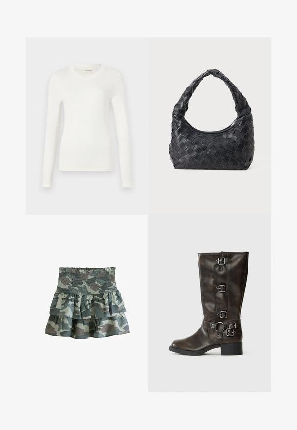 Long-sleeve white t-shirt made from soft fabric, featuring a round neckline and a fitted silhouette. Minimalist design with no patterns or accents.; Camouflage print tiered skirt with a smocked waistband, featuring three ruffled layers in muted green and gray tones. Lightweight fabric.; Brown leather knee-high boots with multiple buckles, a round toe, and a low chunky heel. Features a textured finish and adjustable straps.; Black leather woven shoulder bag with a rounded handle and crescent-shaped body on a plain background.