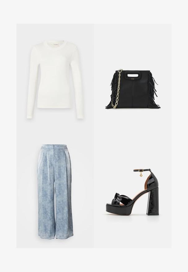 Hosszú ujjú fehér póló, puha anyagból készült, kerek nyakkivágással és testhezálló szabással. Minimalista dizájn, minta vagy kiegészítő nélkül.; Világoskék, bő szárú nadrág, amely textúrált mintával rendelkezik, függőleges pliszékkal és sima felülettel. Szabott derékpánt a kényelmes illeszkedésért.; Maje Magas sarkú szandálok - noir; Fekete bőr kézitáska, frufrus részletekkel, arany láncos vállpánttal és kivágott fogantyúval. Az elülső részen logó található.