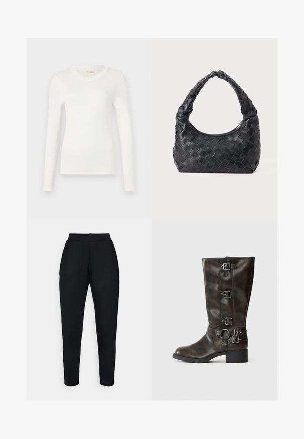 Wit langslib T-shirt gemaakt van zachte stof, met een ronde halslijn en een getailleerde pasvorm. Minimalistisch ontwerp zonder patronen of accenten.; Zwarte tapered broek met een elastische tailleband, voorzien van zijzakken en een gladde, zachte textuur. Geschikt voor casual of actieve kleding.; Bruine leren kniehoge laarzen met meerdere gespen, een ronde neus en een lage chunky hak. Heeft een gestructureerde afwerking en verstelbare banden.; Zwarte leren geweven schoudertas met een ronde handgreep en een maansvormig lichaam op een effen achtergrond.