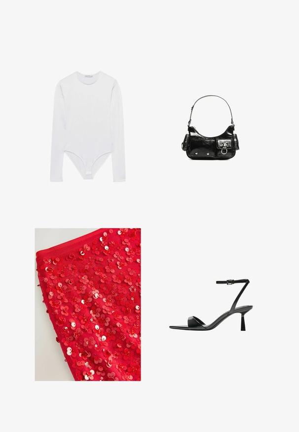 Stradivarius Long sleeved top - off white; Red fabric covered in shiny red sequins shaped like flowers, featuring varying sizes and textures, creating a layered, textured appearance.; Bershka High heeled sandals - black; Black patent leather handbag with a curved shape, one shoulder strap, front pockets, and silver-tone hardware accents.