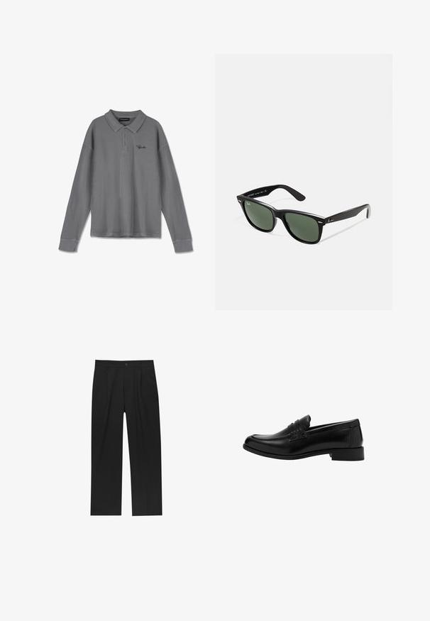 Polo a maniche lunghe in tessuto a righe grigio. Caratterizzato da colletto, patta con tre bottoni e un discreto marchio nero sul petto.; Pantaloni neri con un design a gamba dritta, realizzati in un tessuto liscio. Presentano pieghe frontali e una chiusura a un bottone in vita.; Mocassino in pelle nera con punta arrotondata, dettaglio frontale plissettato, accenti testurizzati e tacco basso, su sfondo semplice.; Occhiali da sole in plastica nera con lenti verdi, montatura quadrata, dettaglio argento sulla parte superiore e steli con texture. Marchio indicato sulla parte interna dello stelo.