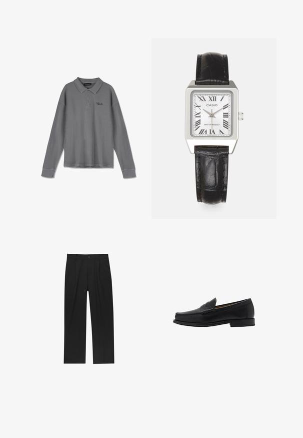 Lange mouwen polo in gestreept grijs stof. Heeft een kraag, een knoopsluiting met drie knopen en subtiele zwarte branding op de borst.; Zwarte broeken met een recht model, gemaakt van een gladde stof. Voorzien van een voorplooien en een enkele knoopsluiting bij de taille.; Mango Zakelijke loafers - black; Zilveren vierkante horloge met een witte wijzerplaat, zwarte Romeinse cijfers en de tekst "WATER RESIST". Zwarte leren band met een gestructureerde afwerking.