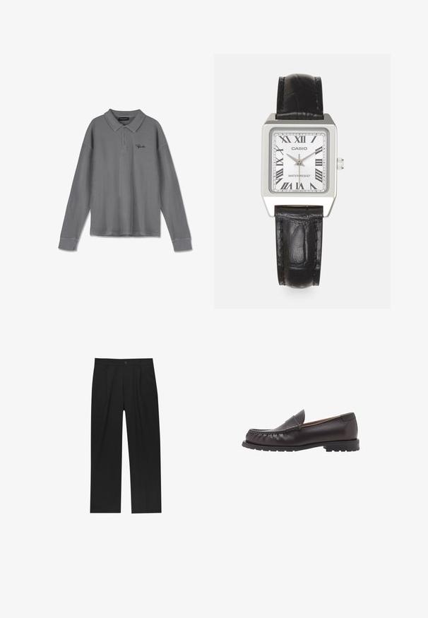 Lange mouwen polo in gestreept grijs stof. Heeft een kraag, een knoopsluiting met drie knopen en subtiele zwarte branding op de borst.; Zwarte broeken met een recht model, gemaakt van een gladde stof. Voorzien van een voorplooien en een enkele knoopsluiting bij de taille.; Bruine leren instappers met een ronde neus, gestikte details en een lage rubberen zool. Gladde afwerking met een subtiele glans.; Zilveren vierkante horloge met een witte wijzerplaat, zwarte Romeinse cijfers en de tekst "WATER RESIST". Zwarte leren band met een gestructureerde afwerking.