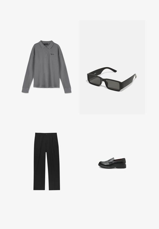 Polo cu mânecă lungă din material în dungi gri. Caracteristici: guler, închidere cu trei butoane și o branding subtilă neagră pe piept.; Pantaloni negri cu un design drept, fabricați dintr-un material neted. Au plisse în față și un sistem de închidere cu un singur buton la talie.; Bata Pantofi slip-on - nero; Ochelari de soare negri cu lentile dreptunghiulare, cadru din plastic mat și margini drepte. Prezintă logo-ul mărcii pe brațul interior.